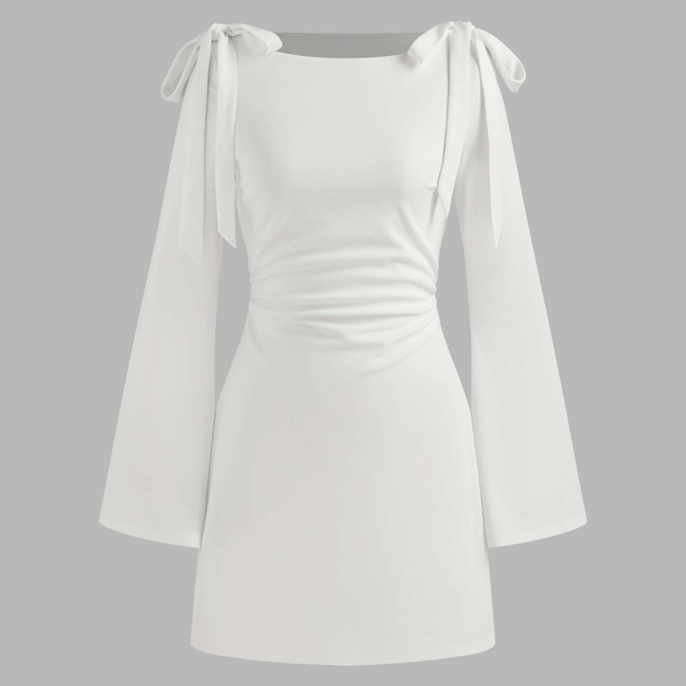 CIDER BOAT NECKLINE SOLID RUCHED BOWKNOT MINI DRESS